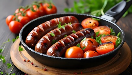 Savory grilled sausages and vibrant tomatoes sizzling in a frying pan