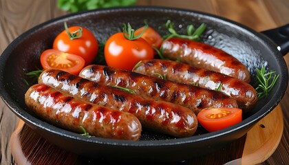 Savory grilled sausages and vibrant tomatoes sizzling in a frying pan