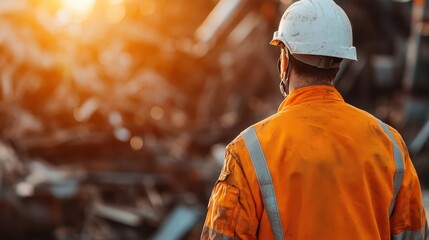 A construction worker in an orange reflective jacket and white hard hat oversees a pile of construction rubble, with a warm sunset in the background creating an ethereal glow.