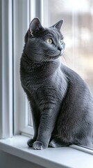 An elegant Russian Blue cat perched on a windowsill, with natural light illuminating its coat against a pale background