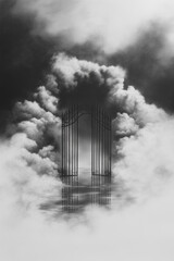 Wall Mural - Abstract black iron gate surrounded by clouds in monochrome sky