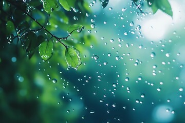 Raindrops falling on green leaves and a blurred background, nature, spring, and fresh start concept