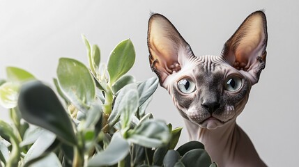 Wall Mural - A playful Sphynx cat peeking out from behind a decorative plant, with a light solid color background emphasizing its features