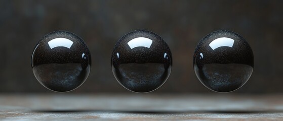 Wall Mural - Three black glossy spheres on a rough surface.