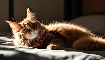 Wall Mural - Sunlit rest of a red fluffy domestic cat lounging in a cozy bed