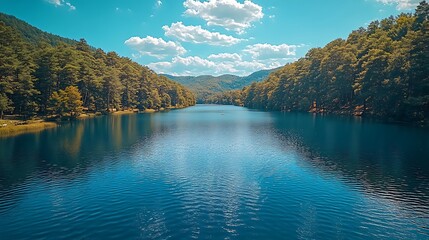 Tranquil lake surrounded by lush green forest under a blue sky with white clouds.