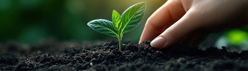 Manicured fingers gently putting a colorful seedling into rich, dark soil, showcasing growth and nurturing