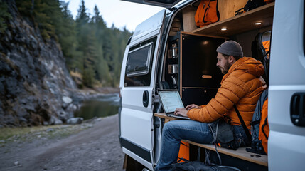 Sticker - A man wearing an orange jacket works on a laptop inside a camper van parked near a river in a forested area. The van has organized storage and camping equipment.