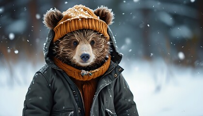 Adorable bear in cozy jacket and hood enjoying a snowy winter scene, embracing the spirit of Christmas and New Year festivities