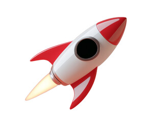 cute red and white rocket ship in minimalistic style, isolated png with transparent background