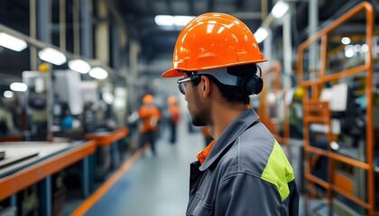 Wall Mural - Vibrant orange safety helmet worn by a factory worker amidst bustling industrial production environment