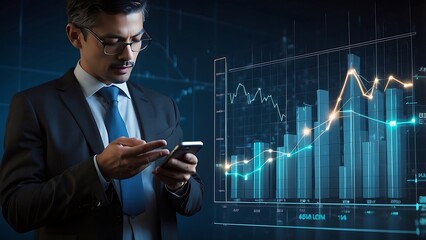 Businessman working with holographic dashboard analysing finance sales data, business growth graph chart and block chain technology.