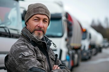 Truck driver standing with arms crossed in front of trucks