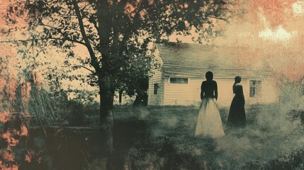 Poster - Two Silhouettes of Women Standing in Front of a House