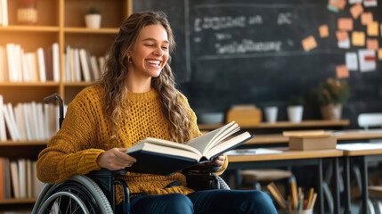 Wall Mural - Smiling young woman in a yellow sweater, seated in a wheelchair holding an open book in a classroom setting with bookshelves and a chalkboard in the background.