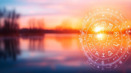 Zodiac signs appearing in a sunset over a lake, serene and spiritual connection with nature