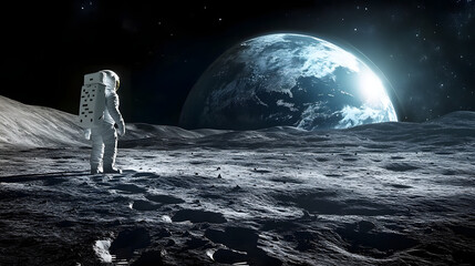 Wall Mural - Astronaut standing on the moon's surface, gazing at Earth with footprints behind