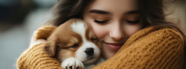 A young woman cradles a small, fluffy puppy in her arms, AI generated