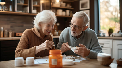 Wall Mural - Elderly couple sitting at a kitchen table, organizing and discussing medication. They seem engaged and are both smiling. The background shows a modern, cozy kitchen.