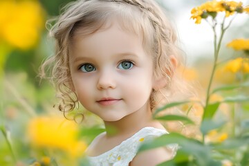 Wall Mural - Adorable little girl with blonde curly hair and blue eyes looking at the camera in a field of yellow flowers