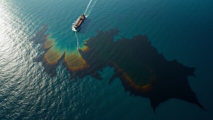 Wall Mural - Devastating oil spill polluting ocean waters ship leaking dark oil creating miles long slick