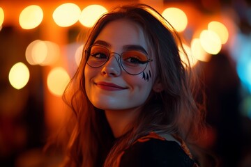 Portrait of a joyful young woman in halloween makeup at a vibrant evening celebration