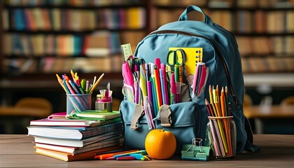 Colorful school backpack filled with textbooks, pens, pencils, and other educational supplies, symbolizing the back-to-school spirit and eagerness for learning