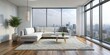 © NorthStar Creations - Modern Living Room with City View, White Sofa, Wooden Floor, Grey Rug, city skyline, interior design, apartment living