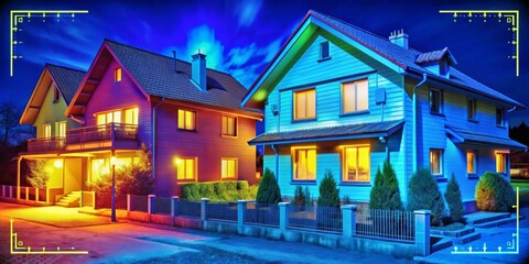 Nighttime Suburban Homes Illuminated with Warm Glow, Digital Art, Two Houses, Nighttime, Suburbia