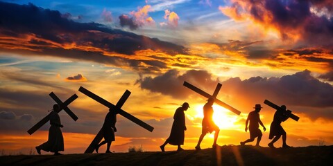 Silhouettes of People Carrying Crosses at Sunset, Faith, Religion, Christianity