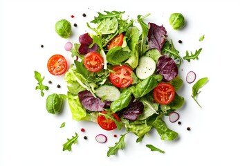 Isolated on a white background, a healthy meal of flying green radicchio, lettuce, onion, and various other salad vegetables.