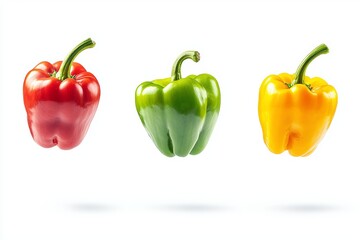 Various shapes of green, yellow, and red bell peppers falling on a white background.