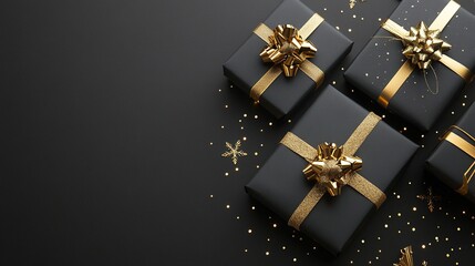 Black Friday Black gift boxes with golden ribbons on black background for black friday sale