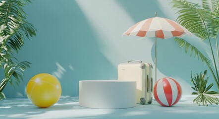 3D render of a podium mock-up on a purple background with pastel purple summer elements, luggage, and beach umbrellas.