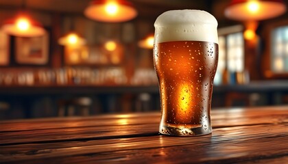 Canvas Print - Frothy draft beer in a chilled glass on a rustic pub table, illuminated by warm bar lighting, capturing the essence of a cozy tavern atmosphere