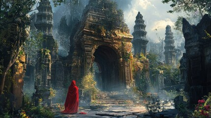 Wall Mural - A lone figure stands in the overgrown ruins of an ancient temple.