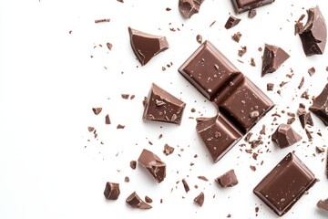 Isolated on a white background, a broken chocolate bar with chunks floating in the air. This is a popular dessert snack.