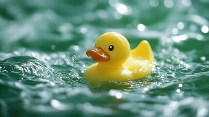 Yellow Rubber Duck Floating in Water. A Yellow Rubber Duck Floating in a Bath Tub Filled with Green Water and Sunlight. Yellow Rubber Duck in a Bathtub with Water. Generate Ai Image