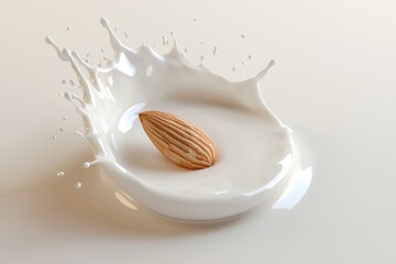 Drinks nuts liquid wave pouring over almonds nuts with milk splashing in the air.