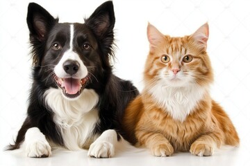 Wall Mural - The portrait shows a happy dog and cat looking at the camera together, isolated on a transparent background, showing a friendship between the two animals, an amazing friendship between the two.