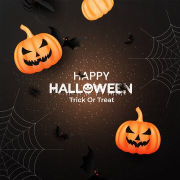 Black color realistic Happy Halloween Day Party banner design template. Top view Halloween day banner design illustration. 3D render Halloween day invitation card design with black gradient color. 