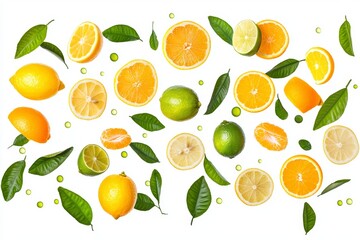 Tropical healthy organic food of citrus fruits with green leaves in flat lay, isolated on a white background.