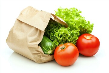 Wall Mural - Food for delivery: Fresh healthy fruits and vegetables in a shopping paper bag.