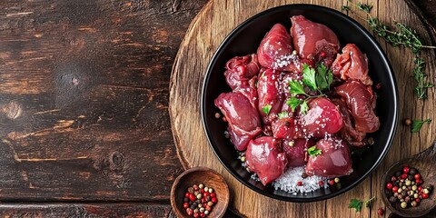 Rustic Feast Preparation: Raw Chicken Offal with Spices and Salt on Wooden Surface