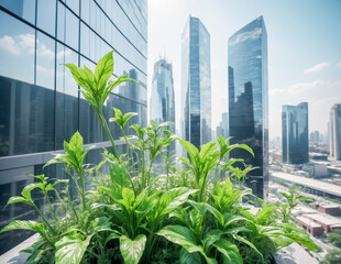 Green plants on the balcony of a high-rise building