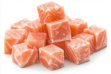 Close-up of salmon cubes in a pile on a white background, with a menu of sashimi slices made with filleted salmon.