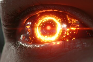 Canvas Print - Mechanical glowing red cybernetic eye symbolizing AI vision machine intelligence and futuristic technology in a sci fi setting with advanced surveillance and communication systems