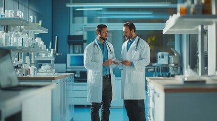 two male doctors discuss patient records in a modern laboratory setting.