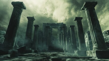 Wall Mural - Ancient Ruins in a Mist-Shrouded Landscape