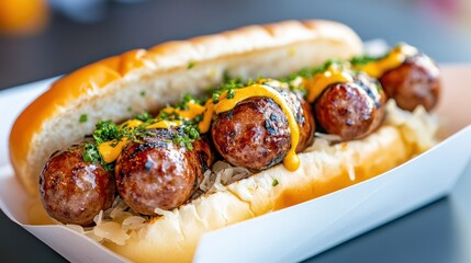 A close-up of a delicious grilled sausage sandwich topped with mustard and herbs in a white tray, perfect for food blogs, restaurant menus, or culinary marketing materials,